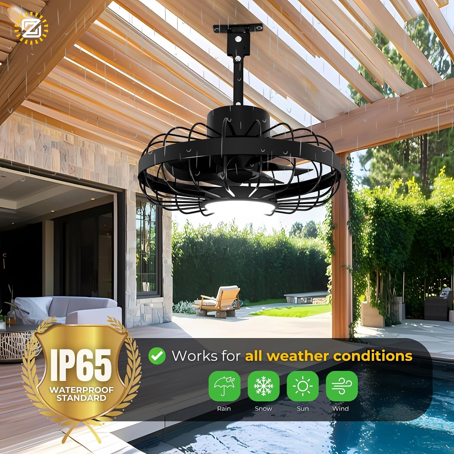 ZeboZap 16' Outdoor Ceiling Fan with Lights, IP65 WaterProof with for Patios, Canopy, Gazebo, and Pergola. Plug in Caged Fan with Remote Control, Quick Strap-On Installation | 3 Lights 6-Speeds fan