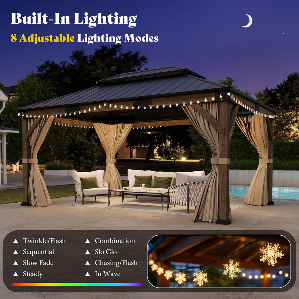 AMERLIFE 12' x 14' Heavy Duty Hardtop Gazebo with Double Metal Roof, Wood Gazebo with Privacy Curtains & Mosquito Netting, Outdoor Pavilion for Backyard, Garden & Patio, Brown