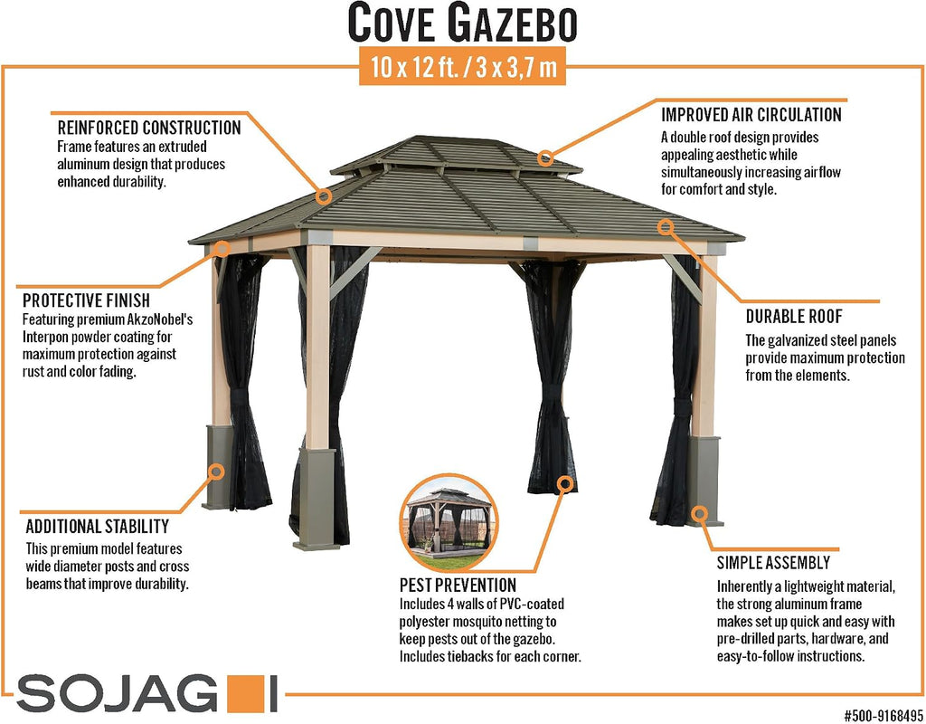 Tommy Bahama Edition Cove 10' x 12' Outdoor Hardtop Gazebo Pavilion for Backyard or Patio, Heavy-Duty Galvanized Steel Double Roof Gazebo, Wood Grain Finish