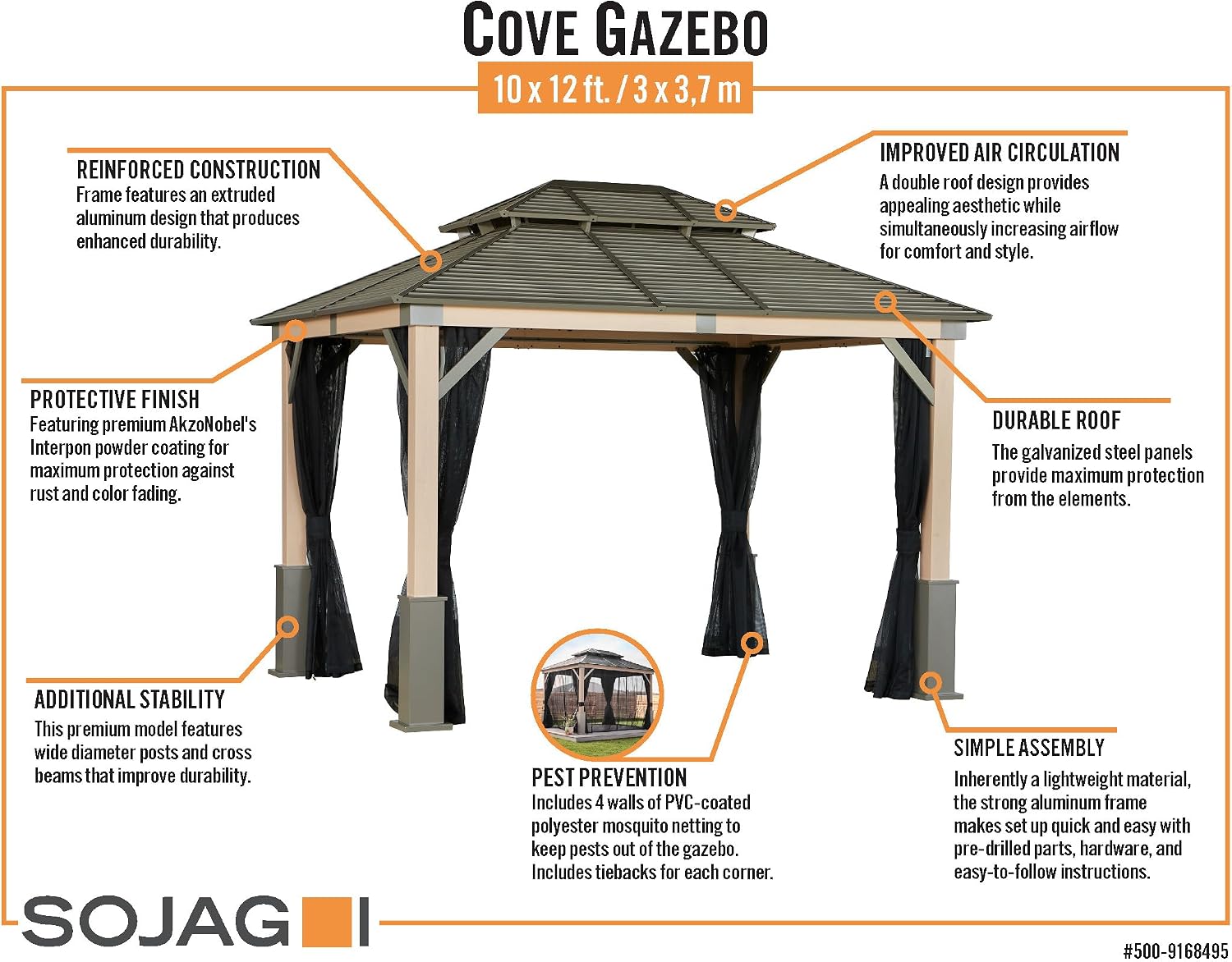 Tommy Bahama Edition Cove 10' x 12' Outdoor Hardtop Gazebo Pavilion for Backyard or Patio, Heavy-Duty Galvanized Steel Double Roof Gazebo, Wood Grain Finish