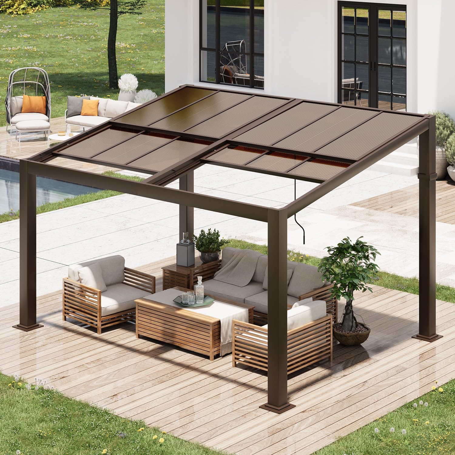 Gazebo 10'x13' with Adjustable Polycarbonate Roofs, All Aluminum Frame Permanent Pergola for Patio, Outdoor Freestanding Shelter, Dark Brown