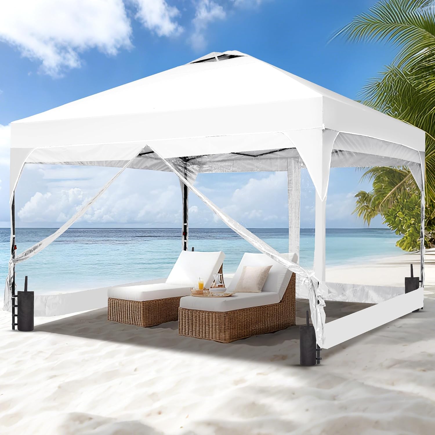 12x12 Pop Up Canopy Tent with One Push Setup, Outdoor Sun Shade Canopy for Backyard Party, Easy Up Instant Shelter with 4 PVC Transparent Sidewalls, 4-Sandbags & Wheel Bag, White.