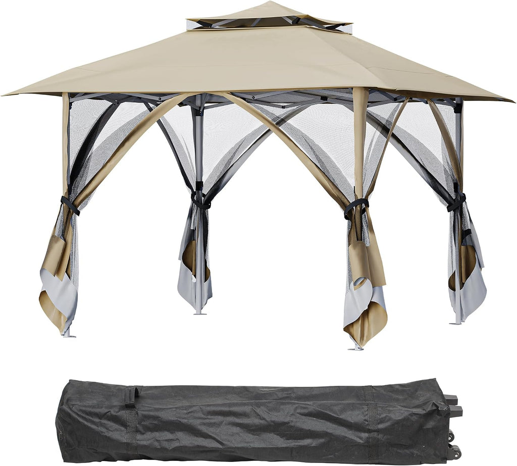 YITAHOME 12x12ft Patio Gazebo Double Roof Pop Up Canopy Outdoor Portable Instant Tent with Netting for Lawn, Garden, Backyard and Deck, Beige