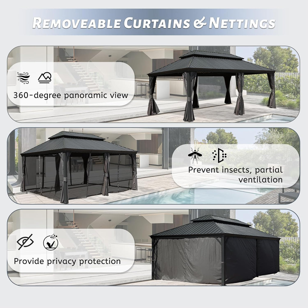 14' x 24' Outdoor Hardtop Gazebo with Gutters, Permanent Metal Hard Top Gazebo, Double Roof Galvanized Heavy Duty with Curtains and Netting for Backyard, Patio, Deck, Hot Tub, Grey