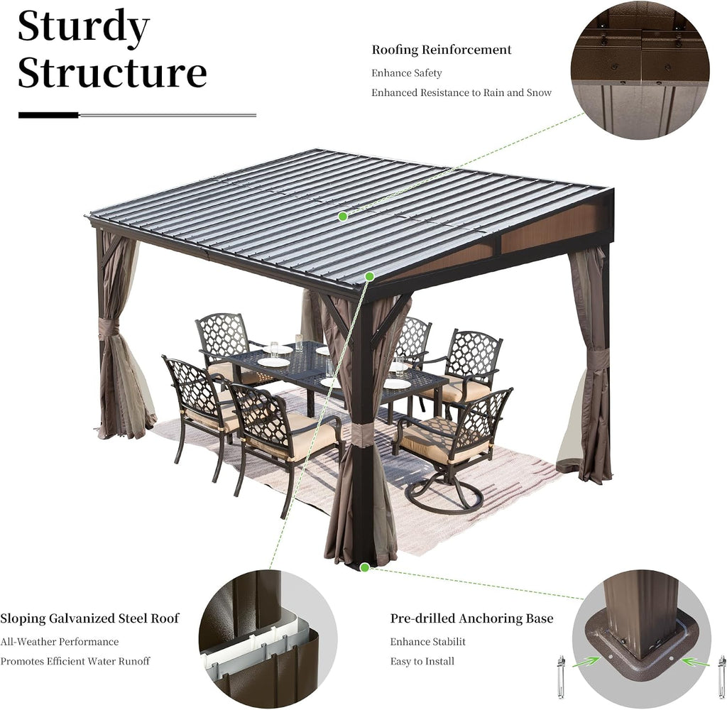 Domi 8x12FT Lean to Gazebo, Outdoor Hardtop Wall Mounted Gazebo with Sloping Galvanized Steel Roof, Aluminum Frame Mounted Pavilion with Netting and Curtain Included for Deck, Porch, Backyard