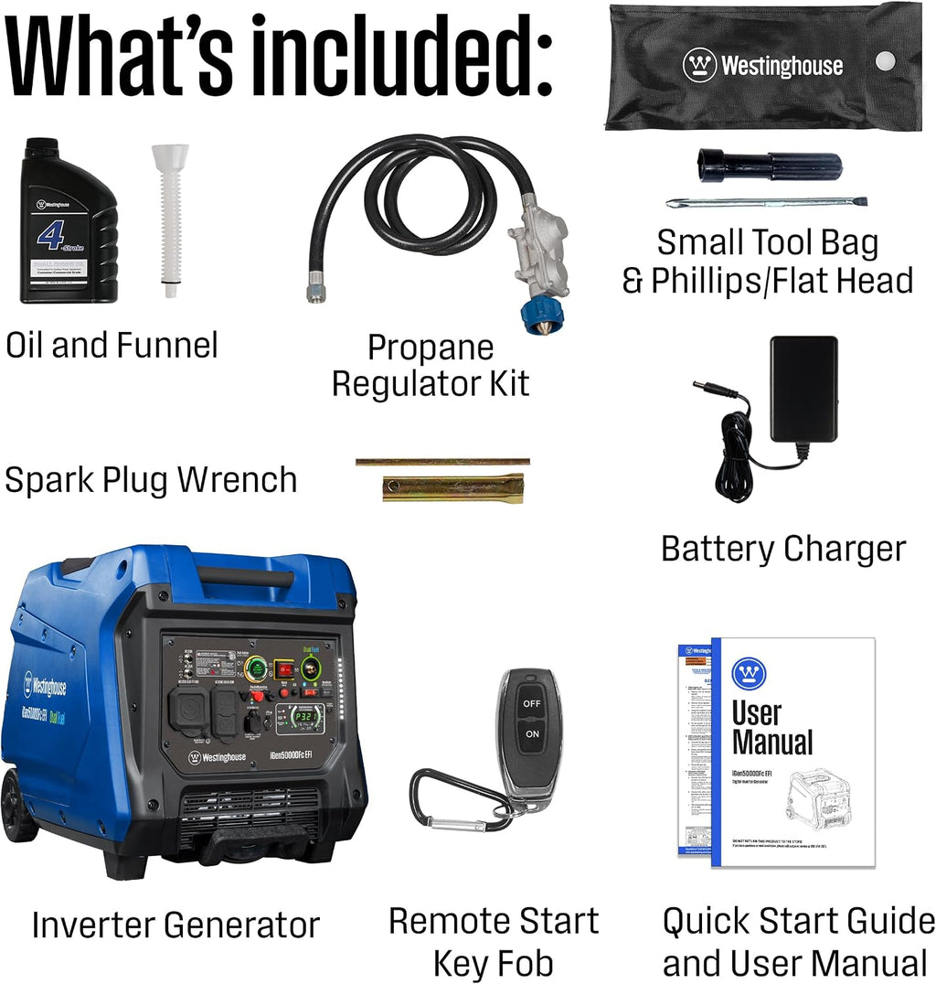 Westinghouse 5000 Peak Watt Super Quiet Dual Fuel Portable Inverter EFI Generator, Remote Electric Start, Gas & Propane Powered, RV Ready, CO Sensor, Parallel Capable, CARB Compliant
