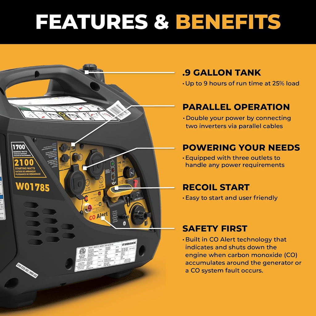 FIRMAN W01785 Inverter Portable Generator, 2100W Starting 1700W Running Power, Recoil Start with CO Alert Safety Shutoff, Quiet 59 dB Operation, Lightweight for Camping, Travel, Home, and Outdoor Use