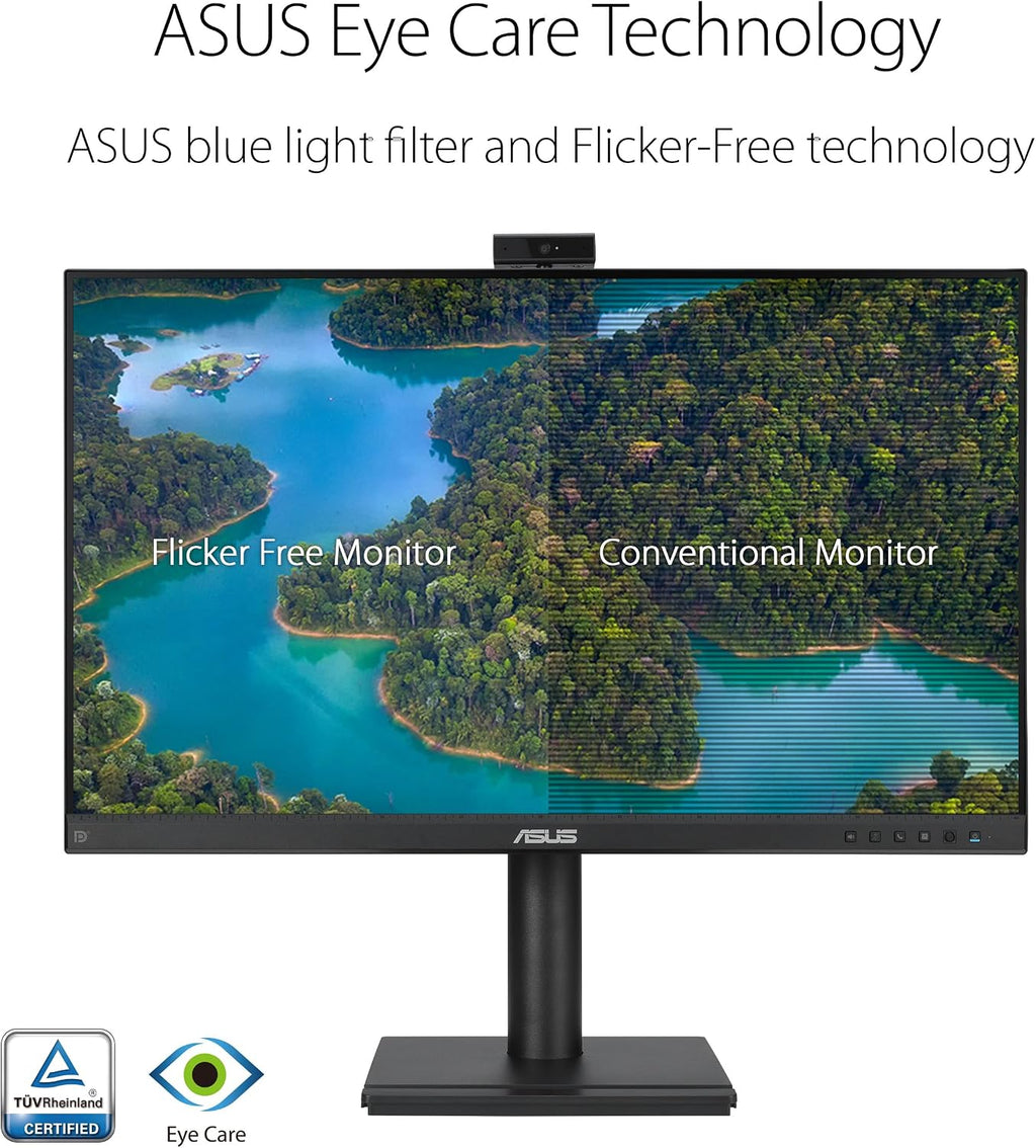 ASUS 24' 1080P Video Conferencing Monitor (BE249QFK) - IPS, 100Hz, Frameless, Full HD Webcam, Mic Array, Speakers, Height Adjustable, Ergonomic Design, Eye Care, Wall Mountable, 3 yr Warranty