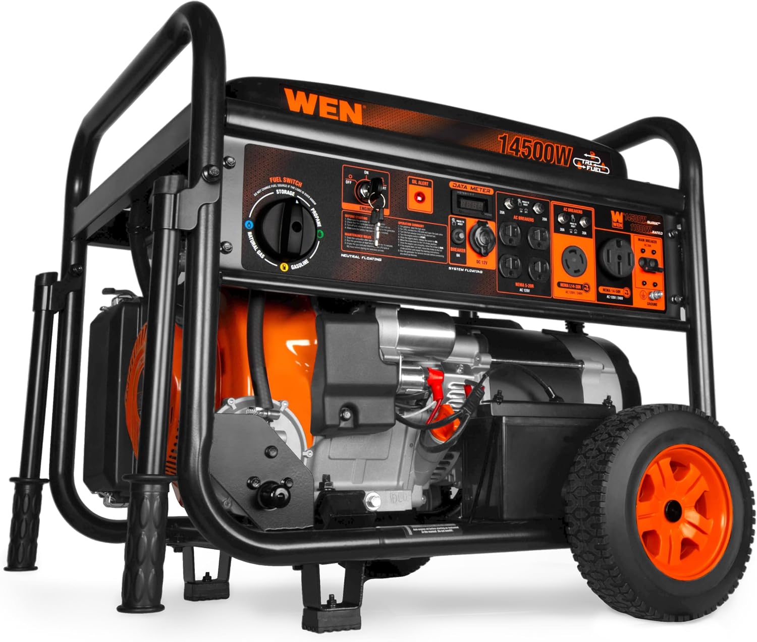 WEN 14500-Watt 120V/240V Tri-Fuel Generator, Transfer-Switch Ready with Electric Start and Wheel Kit (TF1450)