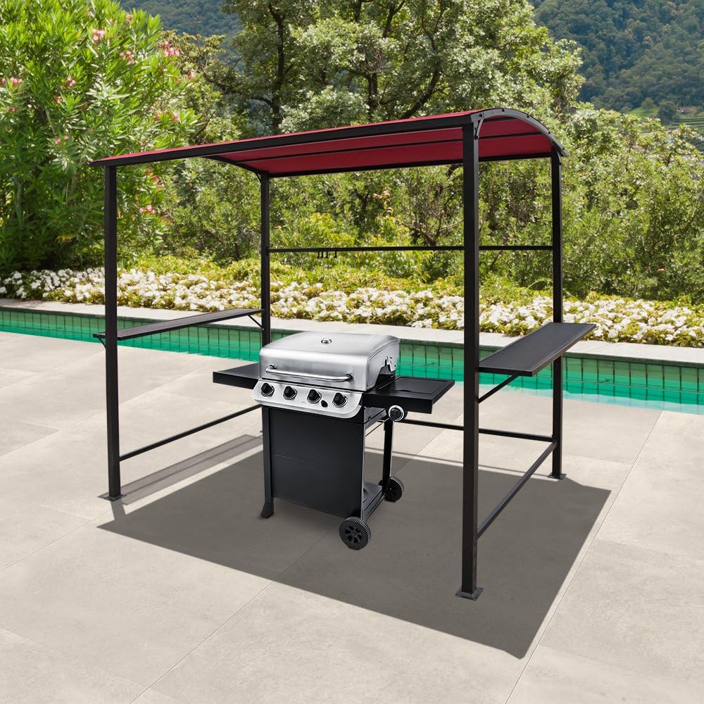 COBANA Grill Gazebo 8'by 4.6' Outdoor Patio BBQ Canopy with Single-Tier Soft Top and Metal Shelves, Red