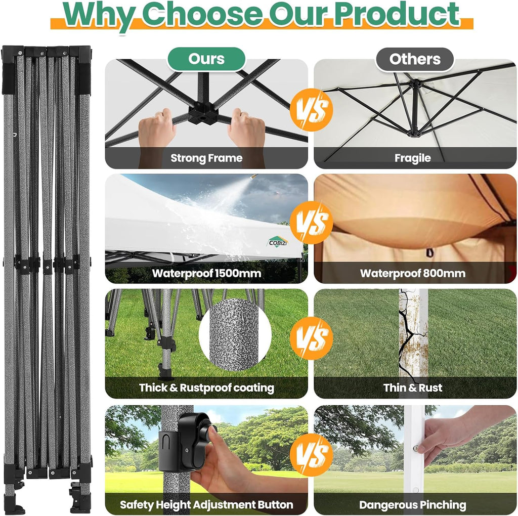 COBIZI 10x15 Pop up Canopy Gazebo 3.0, Easy up Heavy Duty Canopy with 4 Removable Sidewalls, High Stability, All Weather Sunshade 100% Waterproof Outdoor Canopy Tents, White