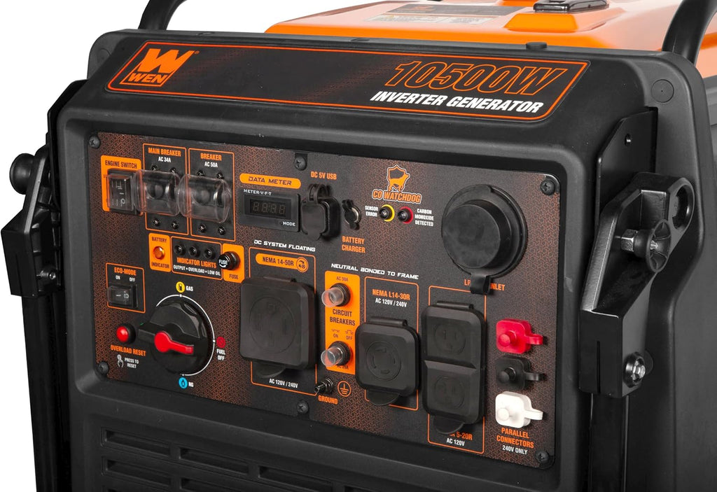 WEN 10,500-Watt 120V/240V Tri-Fuel Inverter Generator with Quiet 457cc Engine, Electric Start, Wheel Kit, and CO Watchdog, Gas, Propane, and Natural Gas Powered (TF1050iX)