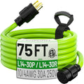 POWGRN 75Feet 30 Amp Generator Extension Cord 4 Prong,Heavy Duty NEMA L14-30P/L14-30R,125/250V 7500W,Green 10 Gauge STW Twist Locking Generator to House Power Cords with Cord Organizer,ETL Listed