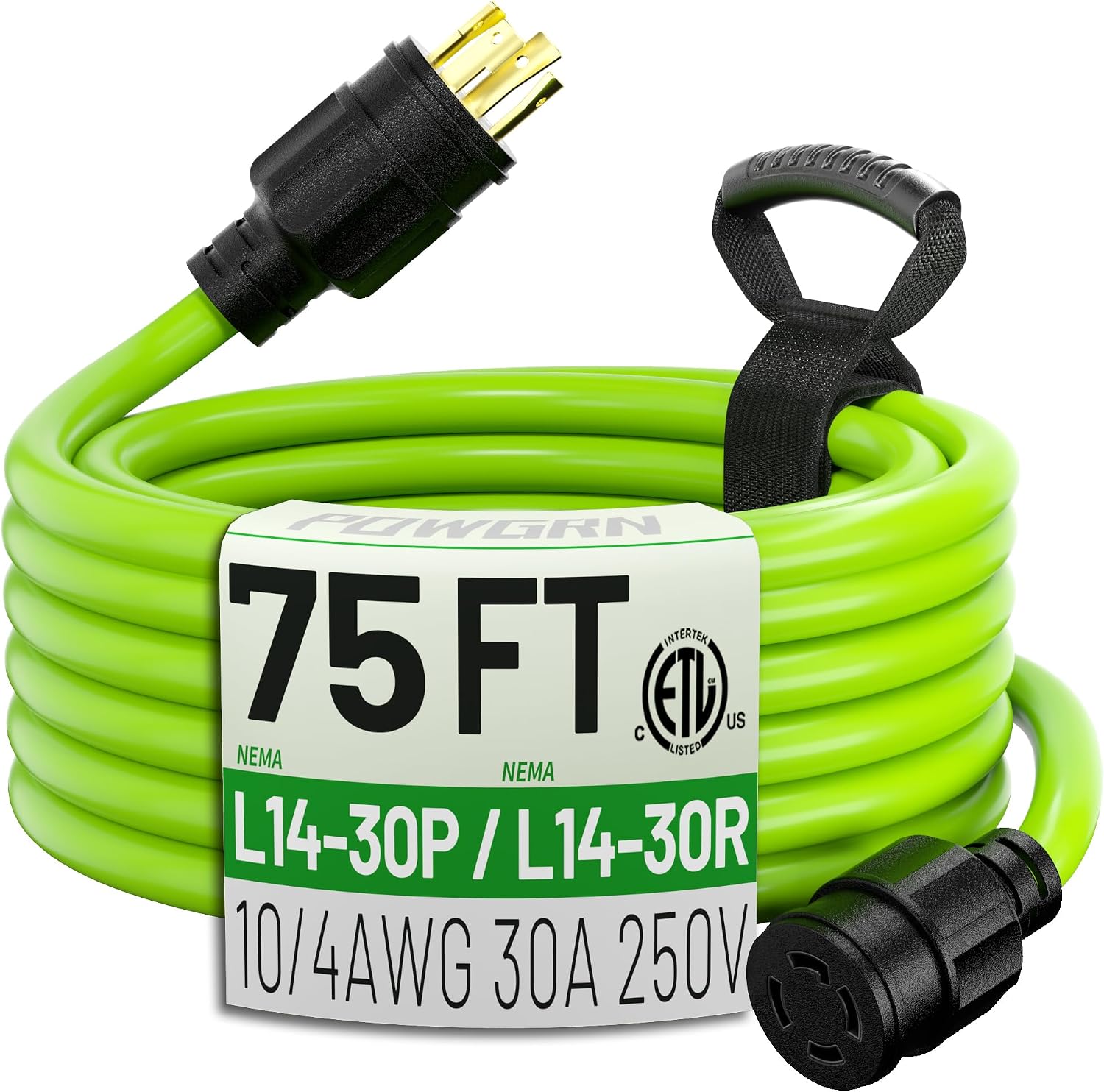 POWGRN 75Feet 30 Amp Generator Extension Cord 4 Prong,Heavy Duty NEMA L14-30P/L14-30R,125/250V 7500W,Green 10 Gauge STW Twist Locking Generator to House Power Cords with Cord Organizer,ETL Listed