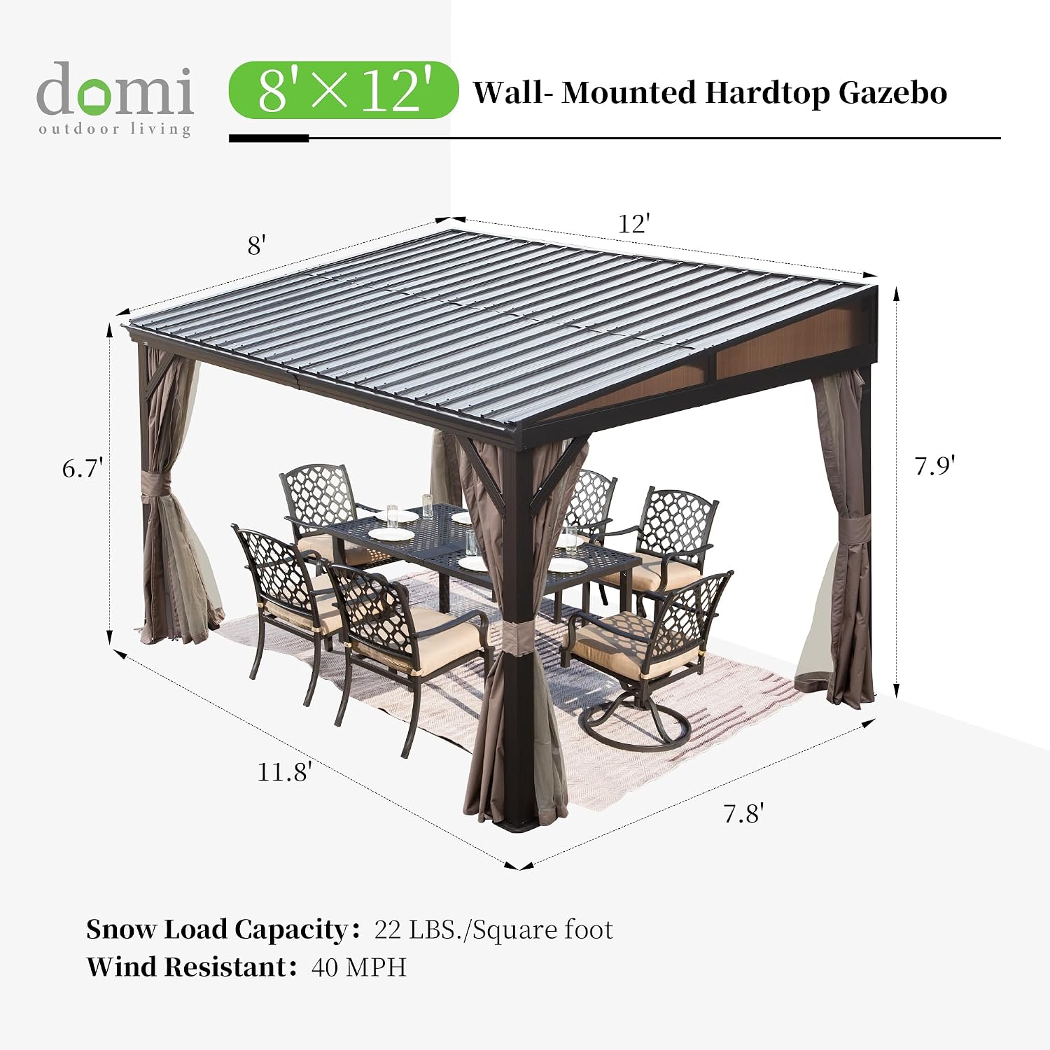 Domi 8x12FT Lean to Gazebo, Outdoor Hardtop Wall Mounted Gazebo with Sloping Galvanized Steel Roof, Aluminum Frame Mounted Pavilion with Netting and Curtain Included for Deck, Porch, Backyard