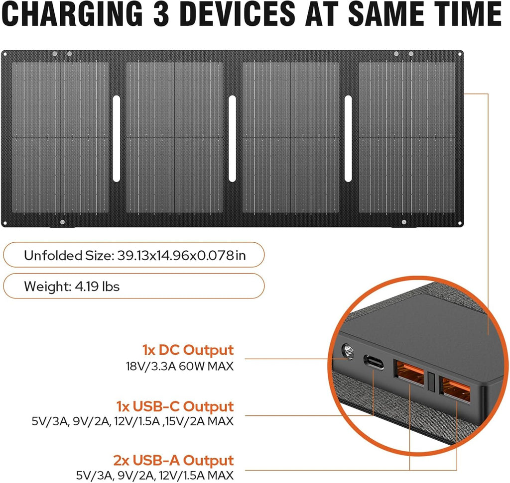Portable Solar Generator, 300W Portable Power Station with Foldable 60W Solar Panel,110V Pure Sine Wave 280Wh Battery Power Pack with USB DC AC Outlet for Camping Smart Devices RV Van Outdoor-Orange