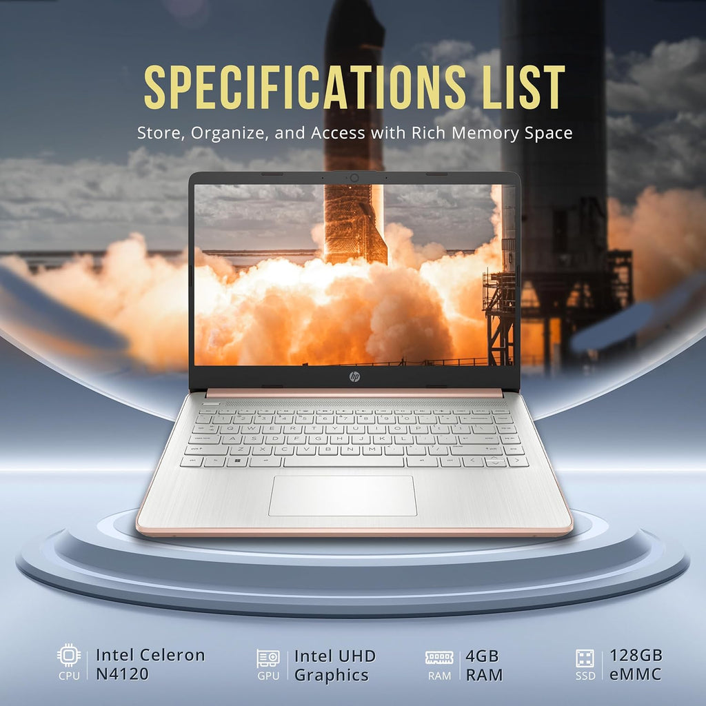 HP Stream 14' HD Laptop, Intel Celeron N4120 Processor, 4GB RAM, 128GB eMMC, Intel UHD Graphics, 720p Webcam, WiFi, HDMI, Windows 11 S, Rose Gold (Renewed)