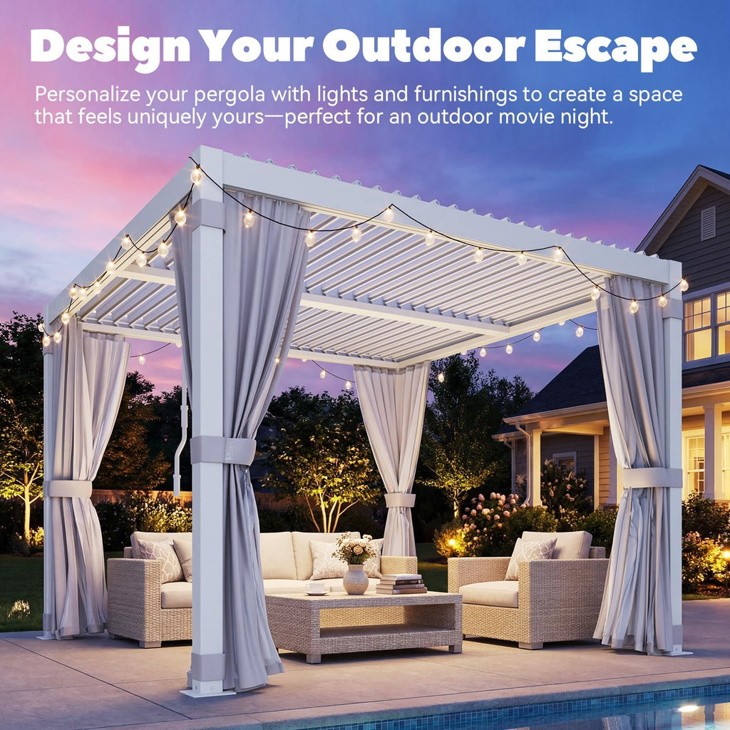 MELLCOM Louvered Pergola 10x10, Steel Aluminum Pergola with Adjustable Louvered Roofs, Outdoor Gazebo with Waterproof Curtains and Nets, White