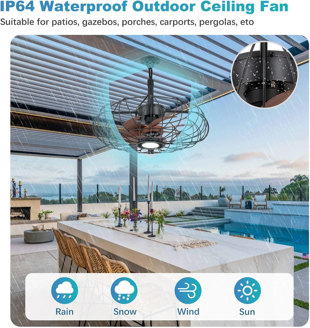 20'' Outdoor Gazebo Fan with Lights, IP64 Waterproof Caged Ceiling Fan with Remote and Hanging Hook, 3CCT Dimmable 6-Speed Reversible Motor, Outside Plug in Ceiling Fans for Patio Porch Canopy, Black