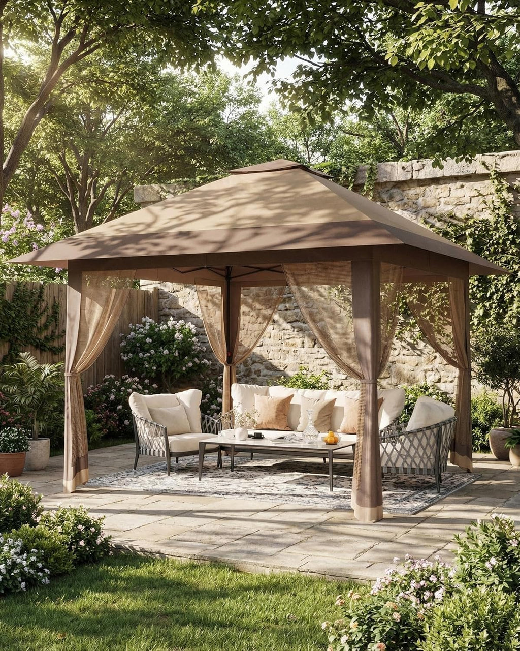 13x13ft Pop Up Gazebo, Outdoor Canopy Tent with Mosquito Netting, Heavy Duty Party Tent Shelter with Waterproof and Ultraviolet Double Roof for Backyard, Garden, Lawn and Deck (Khaki)