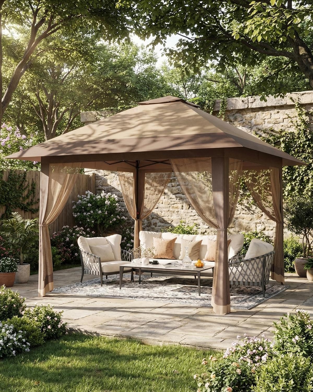 13x13ft Pop Up Gazebo, Outdoor Canopy Tent with Mosquito Netting, Heavy Duty Party Tent Shelter with Waterproof and Ultraviolet Double Roof for Backyard, Garden, Lawn and Deck (Khaki)
