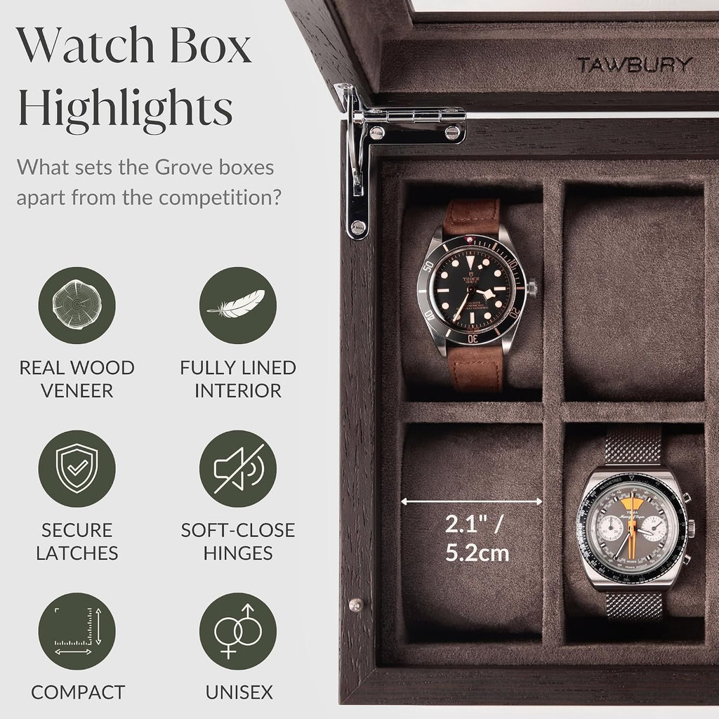 TAWBURY Wooden Watch Box Organizer for Men – 6 Slot Watch Box for Men | Luxury Watch Case for Men | Wood Watch Box Unisex | Wood Glass Watch Box Case Organizer | Wooden Watch Boxes for Men 6 Slot