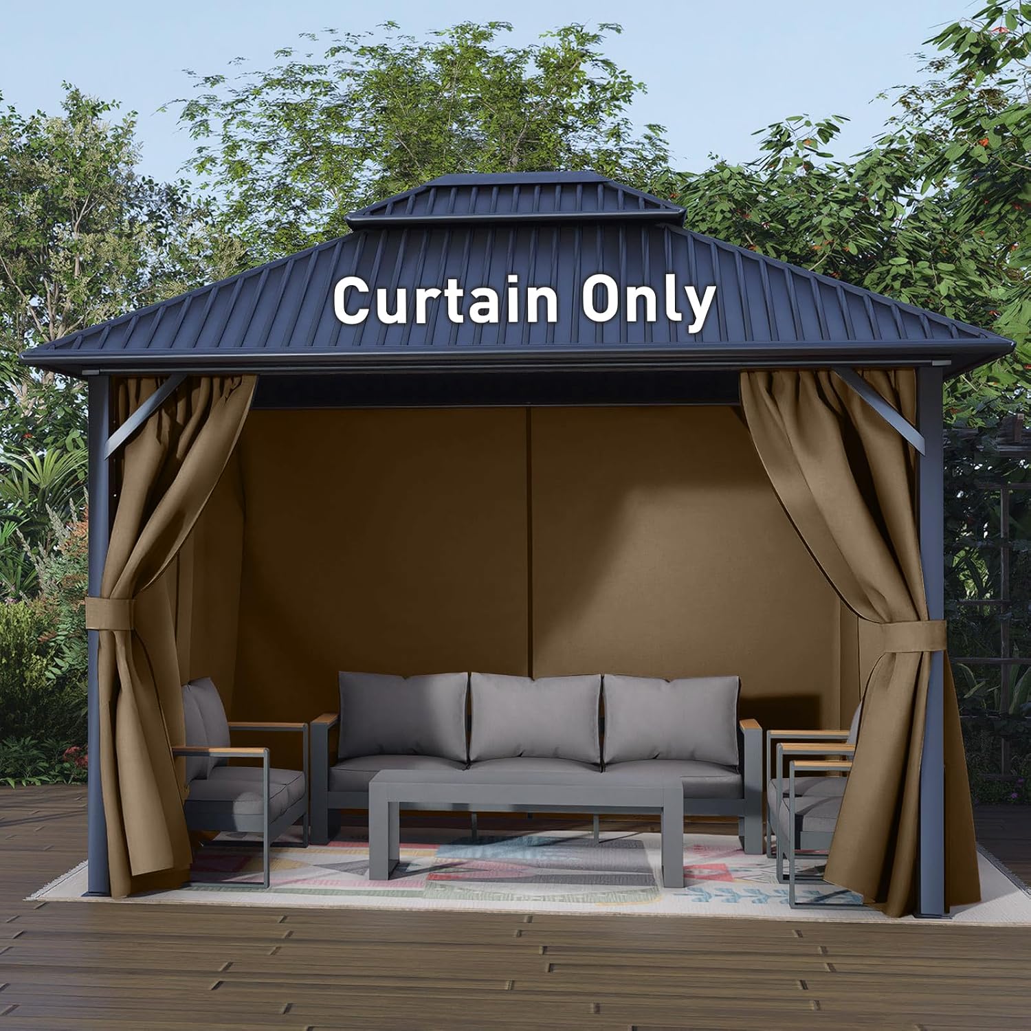 Aoodor 12x14 ft Outdoor Gazebo Curtains, 4 Panels Waterproof Privacy Sidewall Replacement with Zipper for Patio Pergola and Canopy, Light Coffee