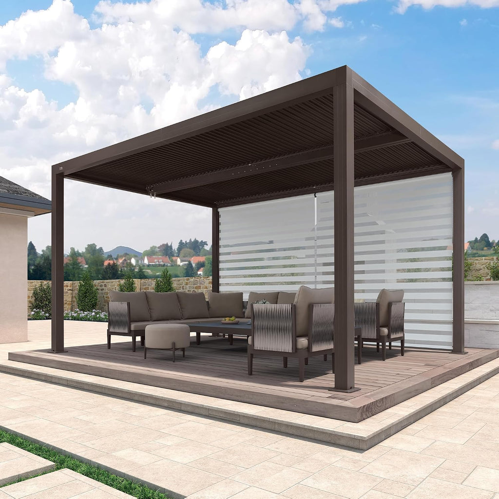 PURPLE LEAF Outdoor 10' × 14' Louvered Pergola with Long Side Beam Screens and Patio Adjustable Aluminum Canopy Retractable Metal Roof for Deck Outside Backyard Hardtop Gazebo Sun Shade Bronze