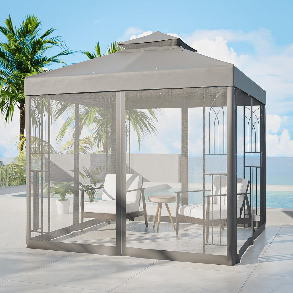 COOS BAY 8x8 Patio Gazebo with Corner Shelves, Two Tier Soft Top Canopy with Mesh Netting for Backyard, Garden, Lawn, Outdoor Events, Gray