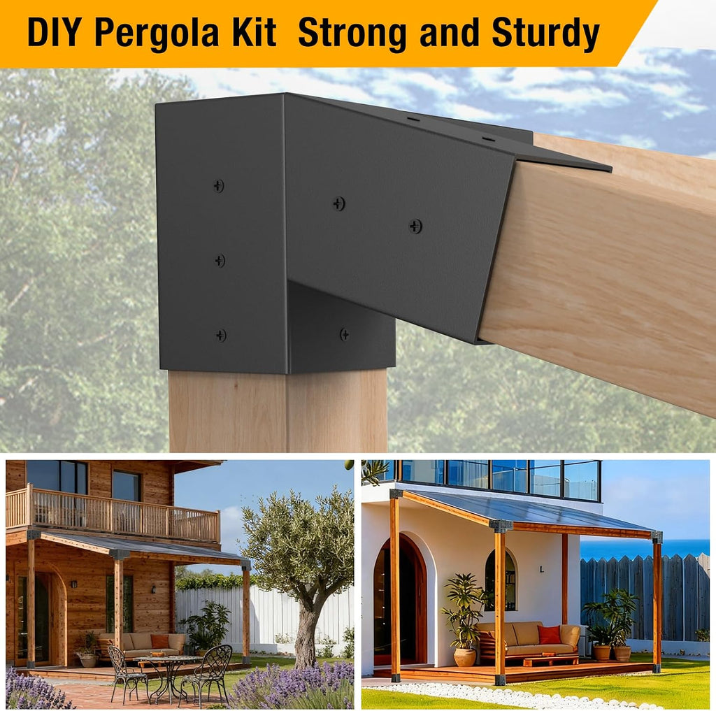 Eapele 8PCS 15° Slanted Roof Pergola Brackets, 3-Way Roof Wall Mount Extension Pergola Kit, Wood Post Base Bracket,Log Cabin