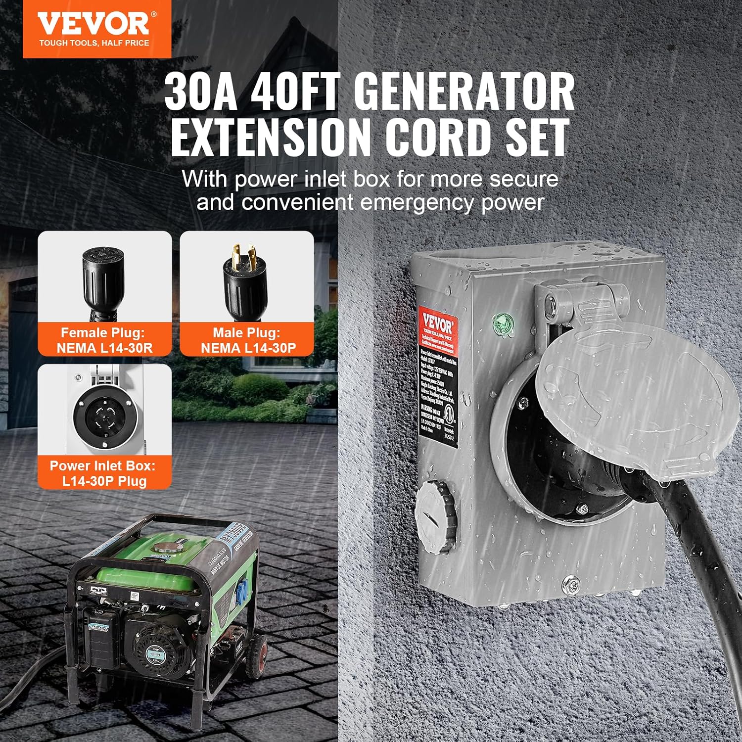 VEVOR 30 Amp Generator Cord and Power Inlet Box Kit, 40 FT Generator Extension Cord NEMA L14-30P/L14-30R STW 10 AWG with Twist Lock Connector, Pre-Drilled Inlet Box, ETL Listed