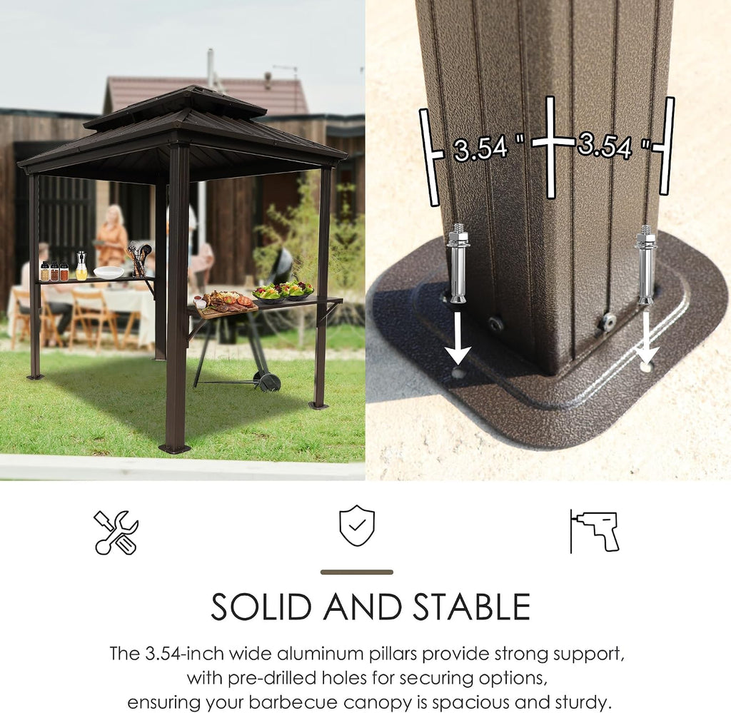 Kozyard 6' x 8' BBQ Hardtop Grill Gazebo, Outdoor Barbecue Shelter with Double Galvanized Metal Roof, Aluminum BBQ Gazebo with 2 Side Shelves for Outdoor Grilling Station (Brown, 6ft x 8ft)