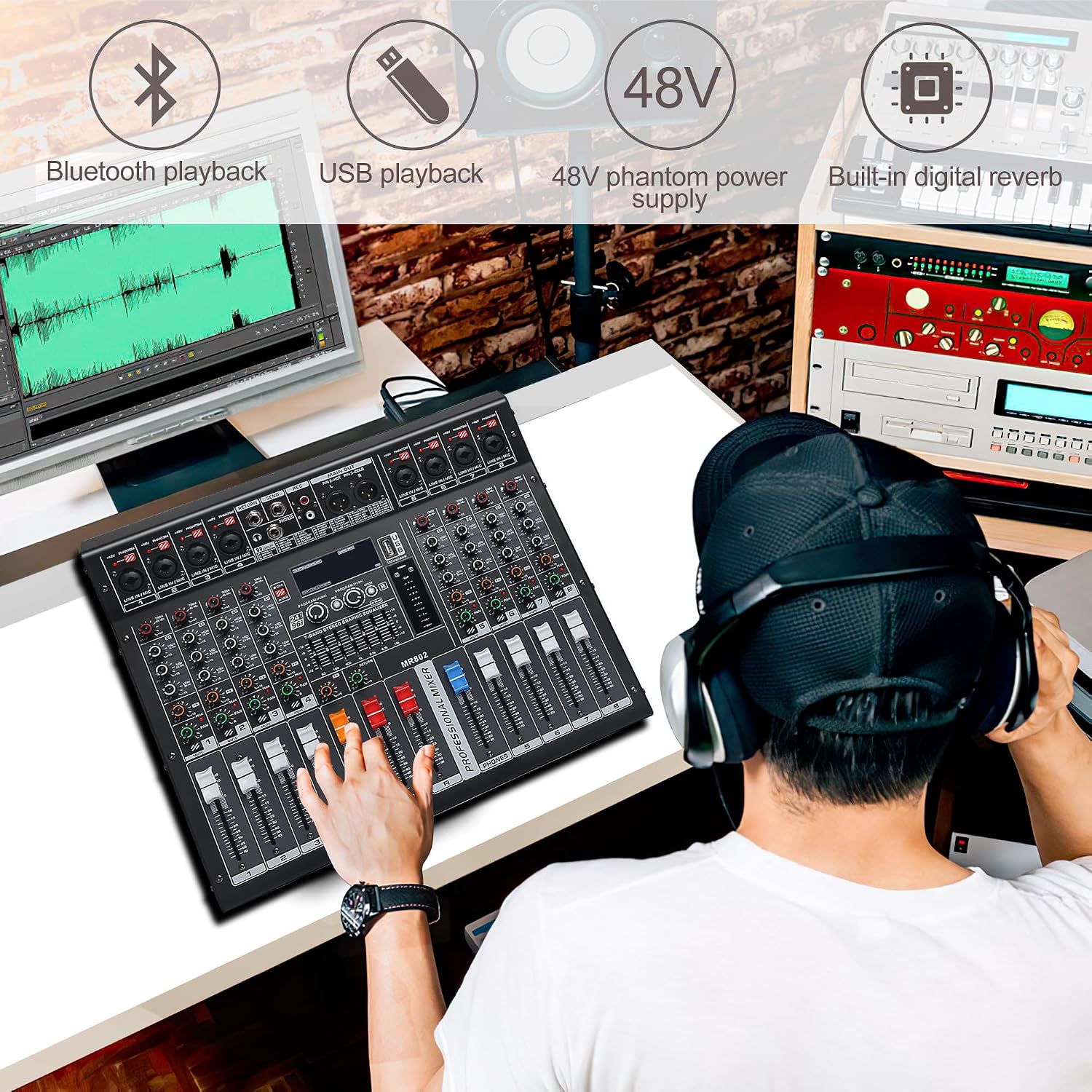 Audio Mixer 8 Channel, DJ Mixer Board with Power Amplifier, Audio Sound Card with 48V Phantom Power, Usb Audio Interface, Sounds Mixer Board with 99 DSP FX Reverb Delay Effect for Streaming