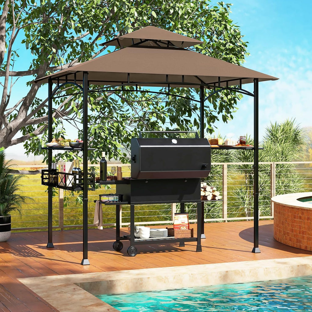 HAPPYGRILL 8 x 5 FT BBQ Grill Gazebo with 2 Side Shelves, Storage Basket, Hanging Hooks, Bottle Opener, Double-Tiered Top, Metal Frame, Outdoor Barbecue Canopy, Grilling Shelter for Patio Garden Yard