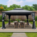 Kozyard Alexander 12' x 14' Hardtop Gazebo, Aluminum Frame with Galvanized Steel Double Roof, Outdoor Permanent Pavilion with Curtains and Netting for Patio, Backyard, Deck, Lawn (Gray)