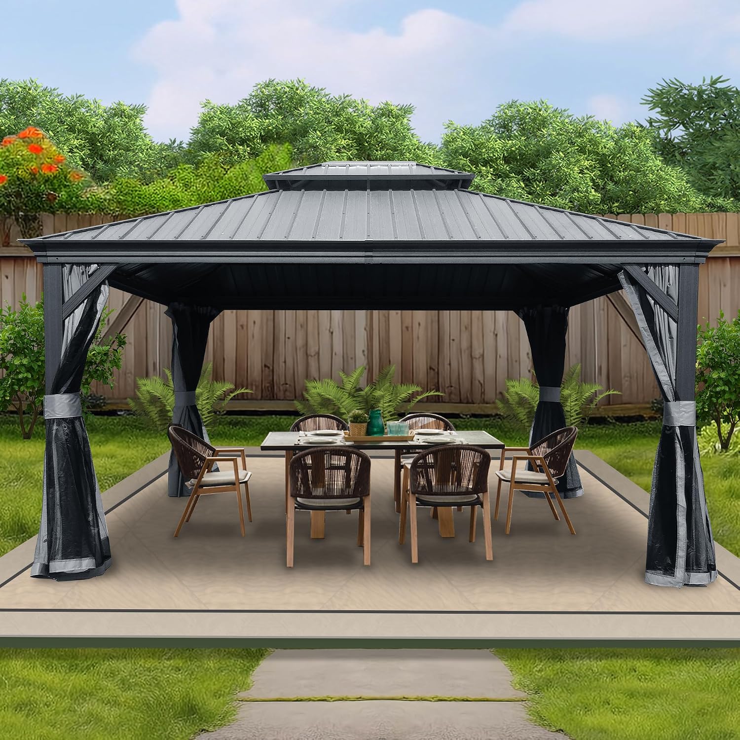 Kozyard Alexander 12' x 14' Hardtop Gazebo, Aluminum Frame with Galvanized Steel Double Roof, Outdoor Permanent Pavilion with Curtains and Netting for Patio, Backyard, Deck, Lawn (Gray)