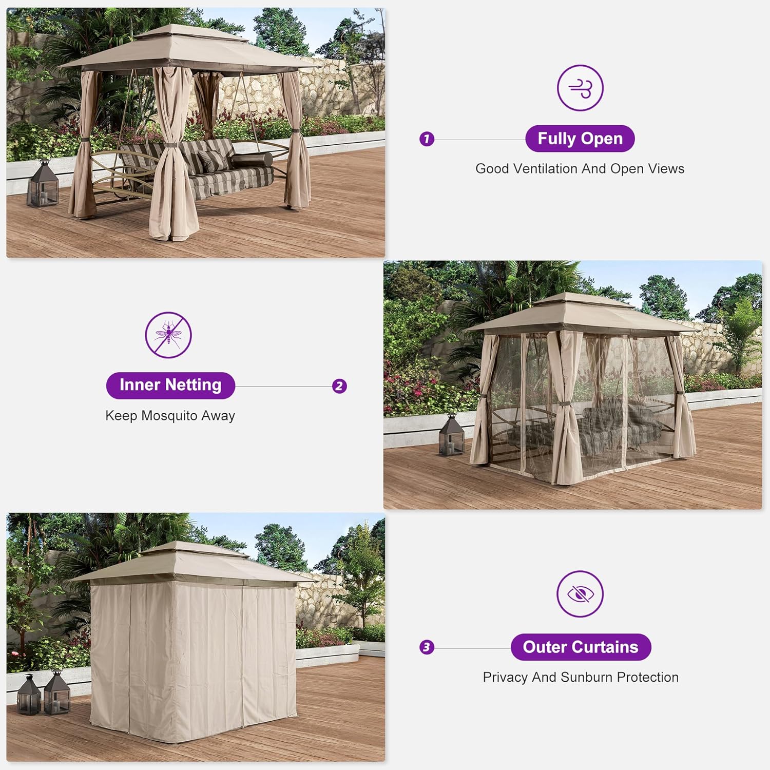 PURPLE LEAF 3 Person Outdoor Patio Porch Swing Gazebo with Netting & Gazebo Curtains with Canopy Swings for Adults