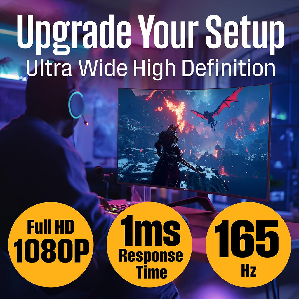 Westinghouse 24 Inch Curved Gaming Monitor, 165Hz, 1ms, FHD 1080P, 3000:1 Contrast Ratio, 110% SRGB, 1500R, AMD FreeSync, Eyecare, for PC Games with Built-in Speakers, VESA, DisplayPort, HDMI