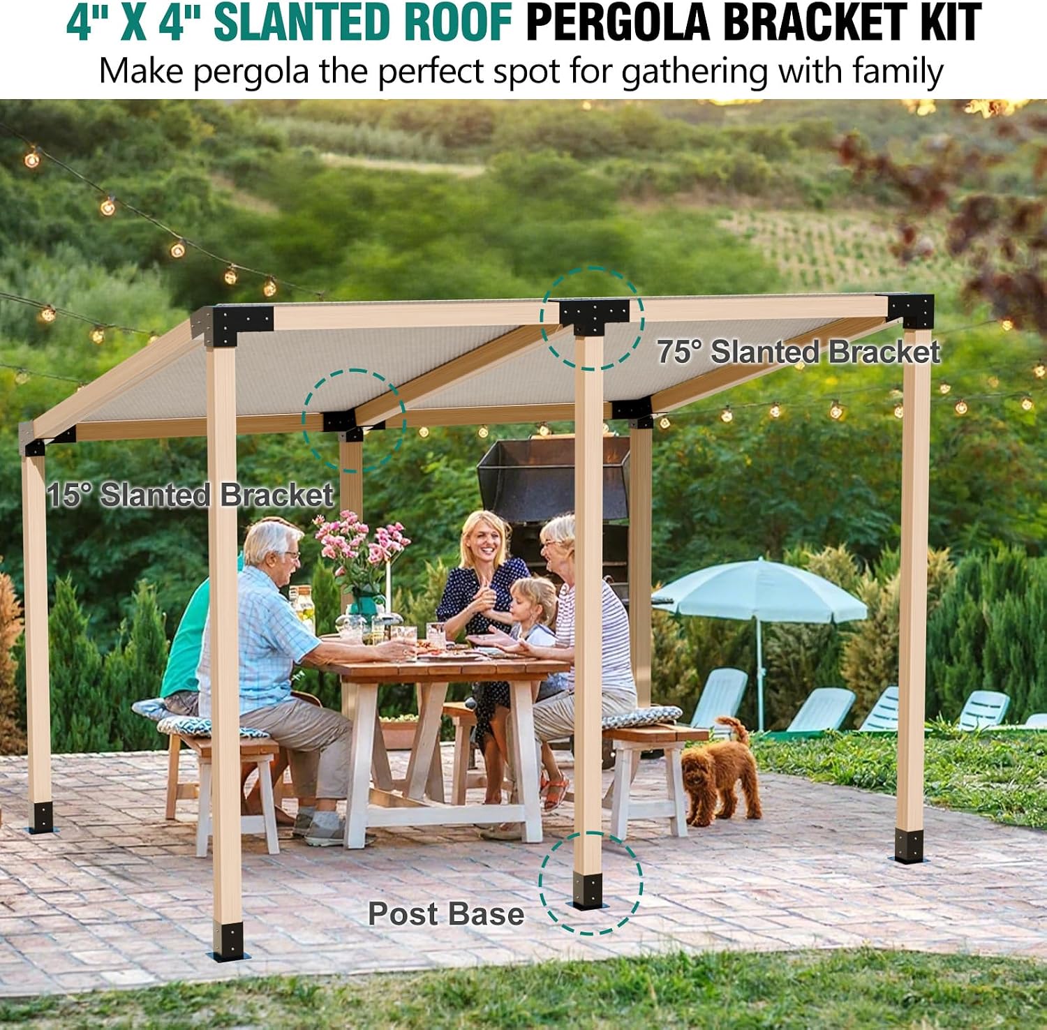 Slanted Pergola Brackets, 4PC Woodworks Pergola Kit 15° & 75° 4-Way Bracket with Post Base for 4x4'' (Actual: 3.5x3.5'') Wood Beams Elevated Wood Stand Kit