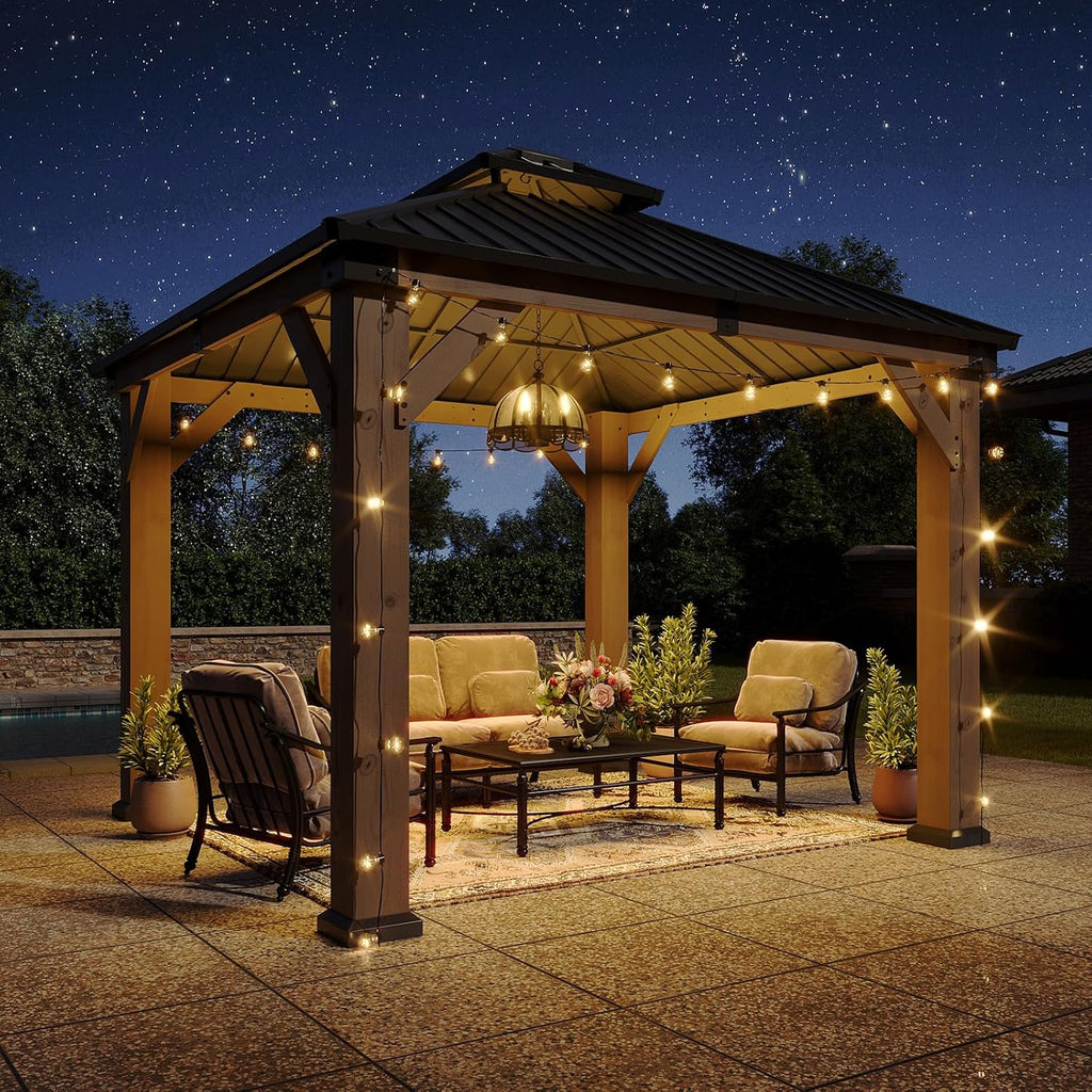 Aoxun 10' x 10' Outdoor Wood Gazebo, Hardtop Gazebo Permanent Wooden Pavilion with Galvanized Steel Double Roof, and LED Outdoor Waterproof Hanging Lights, for Patio, Garden, Deck, Cedar Wood