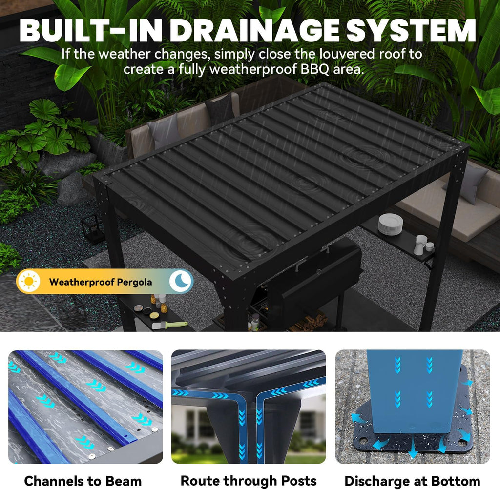 8x5 Louvered Pergola, Aluminum BBQ Pergola, Hardtop Gazebo for Outdoor Grill, Adjustable Rainproof Roof, Pergolas for Patio, Black