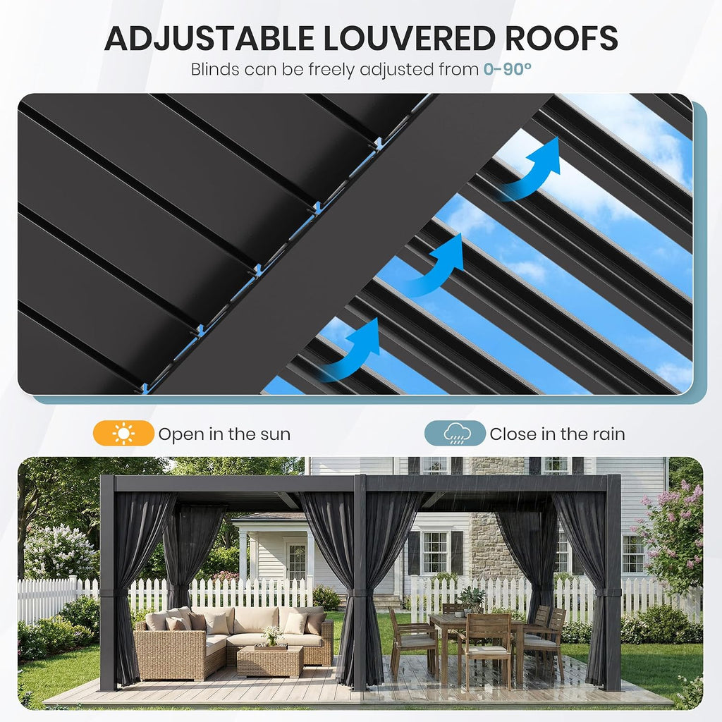 10'×20' Outdoor Louvered Pergola, Aluminum Outdoor Louvered Pergola Patio with Adjustable Roof for Outdoor Deck, Backyard, Garden (10x20FT with Curtain)