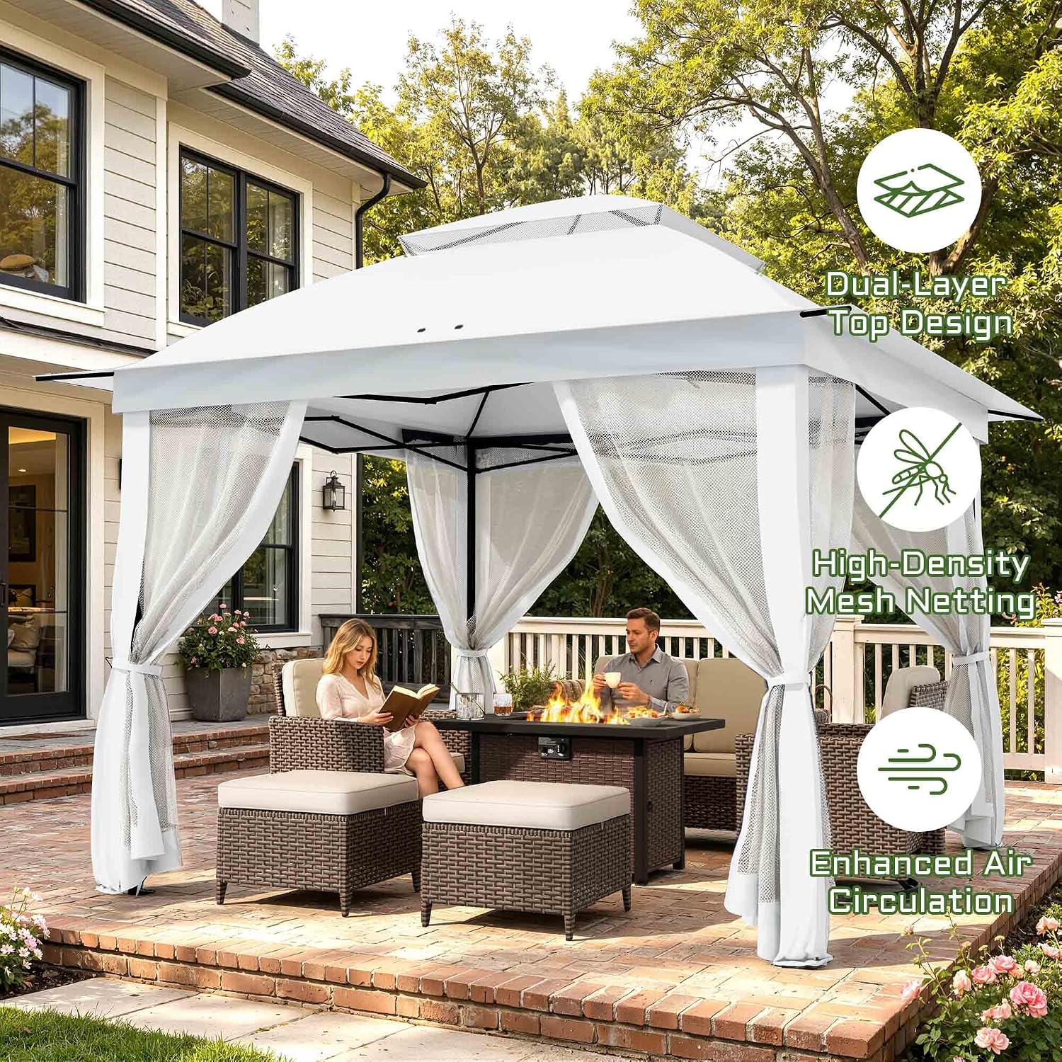 11'X11' Gazebo Pop Up with 4 Sidewalls Mosquito Netting, Heavy Duty Patio Gazebo Canopy Tent with Double Air Roofs for Backyards, Patios, Decks, Gardens, Parks