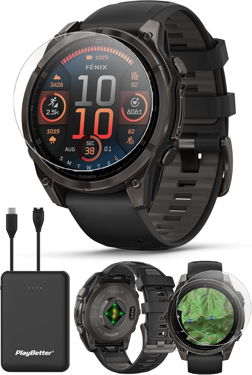 PlayBetter Garmin Fenix 8 AMOLED Sapphire (47mm, Carbon Gray DLC Titanium) Multisport GPS Smartwatch Bundle - 1.4' Touchscreen, Built-in LED Flashlight Charger & Screen Protectors