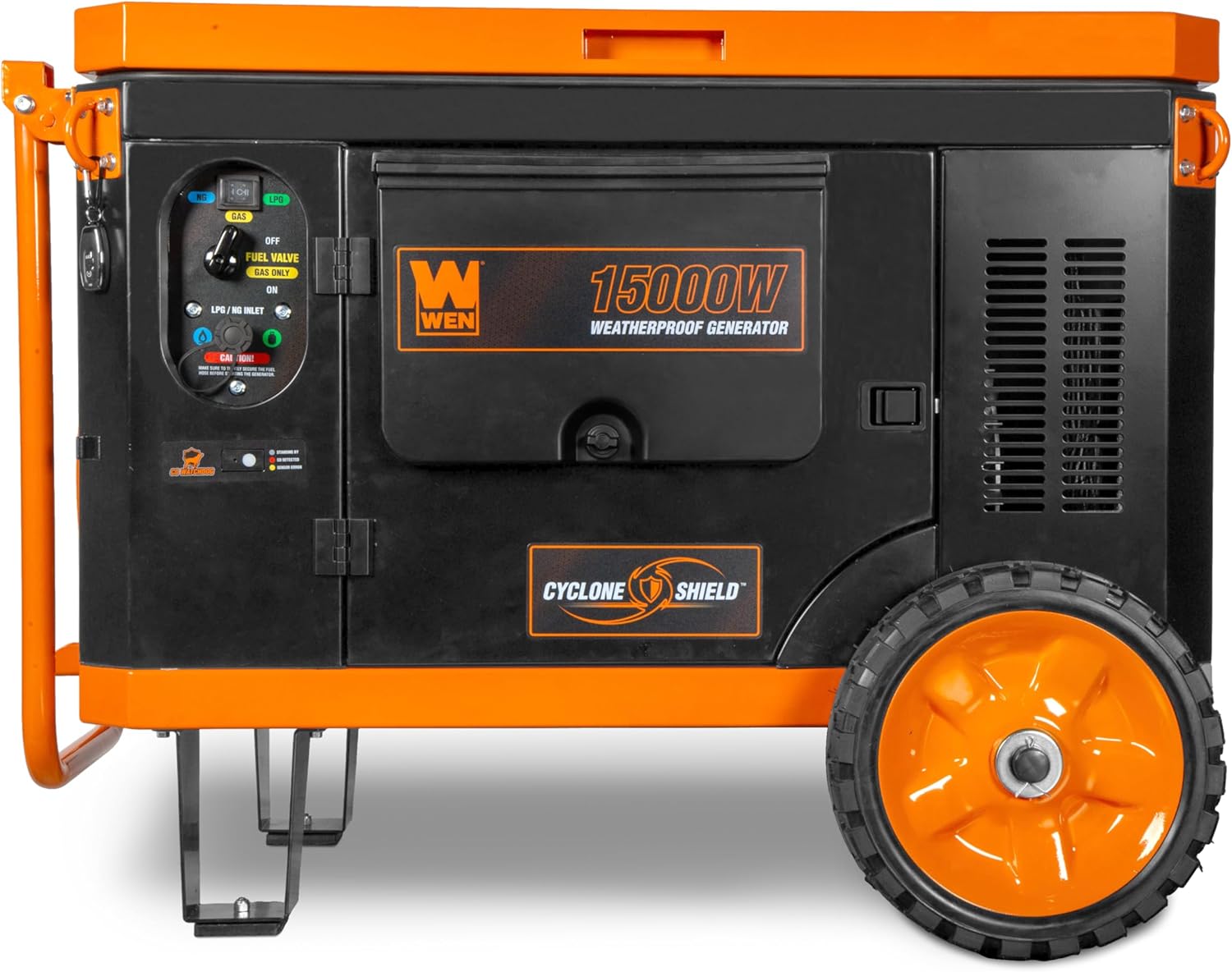 WEN 15000-Watt Weatherproof Home Backup Portable Generator, 120V/240V, Tri-Fuel with Cyclone Shield Weatherproofing Technology, 550cc Engine, Remote Electric Start, Wheel Kit, & CO Watchdog (TF1500XR)