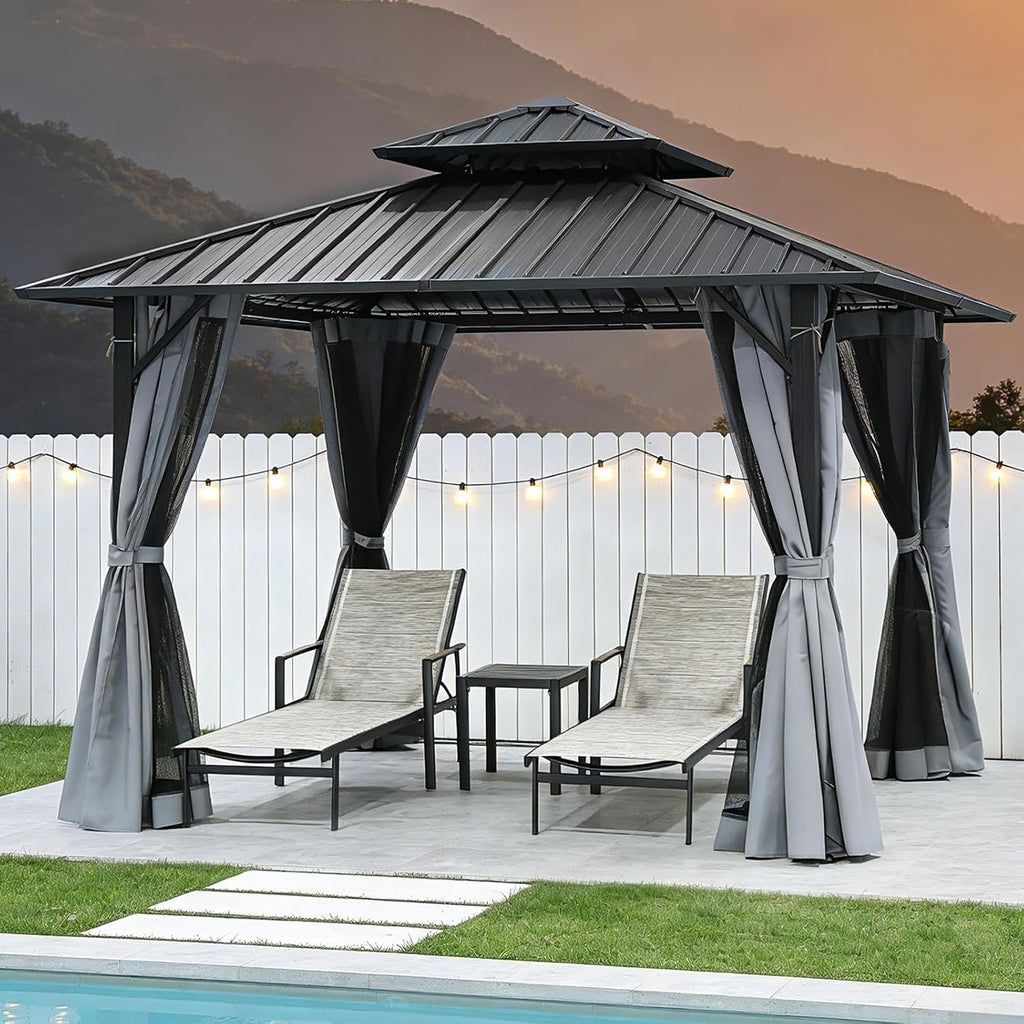 10' x 12' Hardtop Gazebo, Aluminum Frame Outdoor Patio Gazebo with Netting and Curtains, Outdoor Hardtop Gazebos, Patio Pergolas with Double Metal Roofs for Backyard, Patio, Deck, Slate Gray
