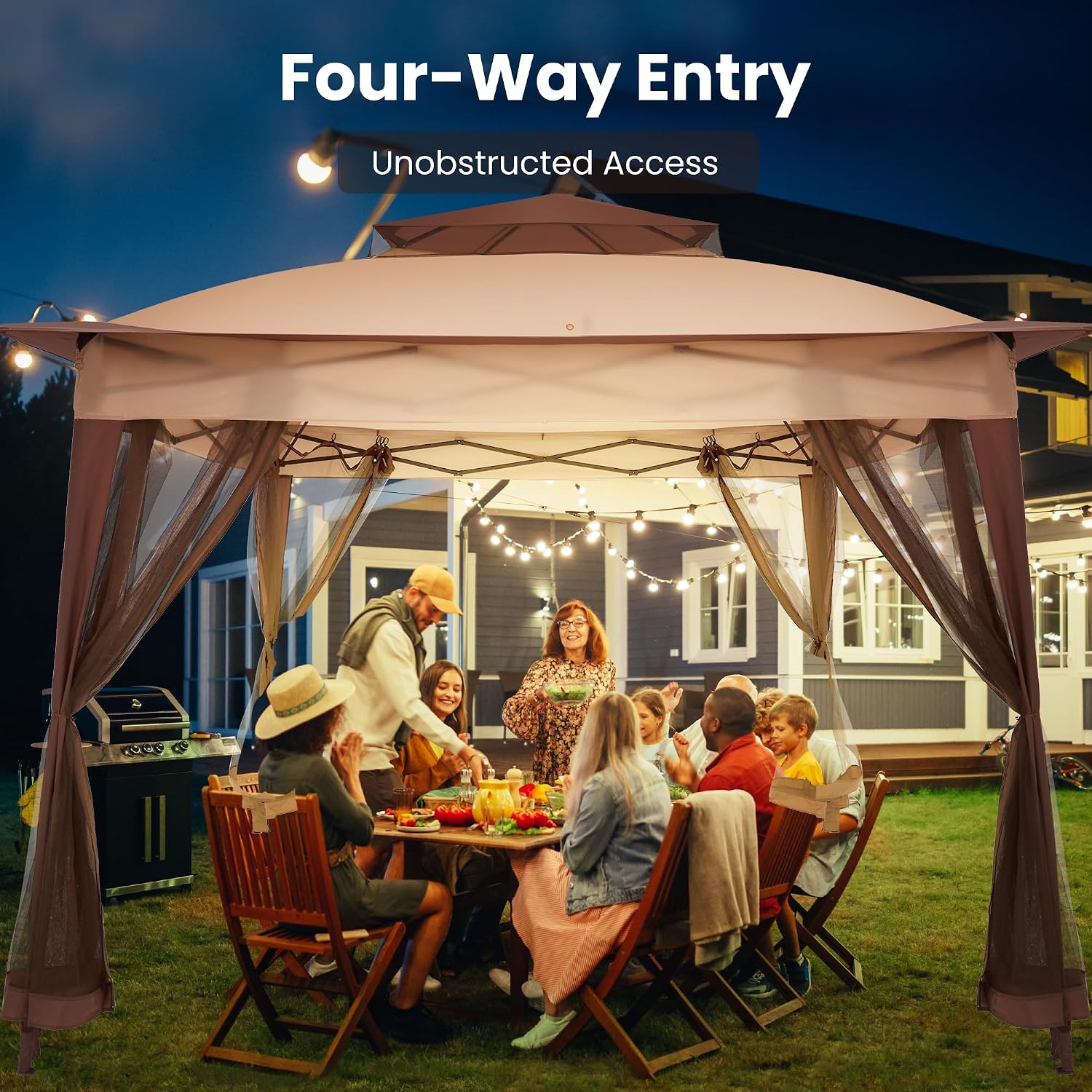 11x11 Pop Up Gazebo with Mosquito Netting Pop Up Canopy with Double Layer Ventilation Portable Bag Canopy Tent with 120 Square Feet of Shade Instant Tent for Garden Party Patio Backyard Beige