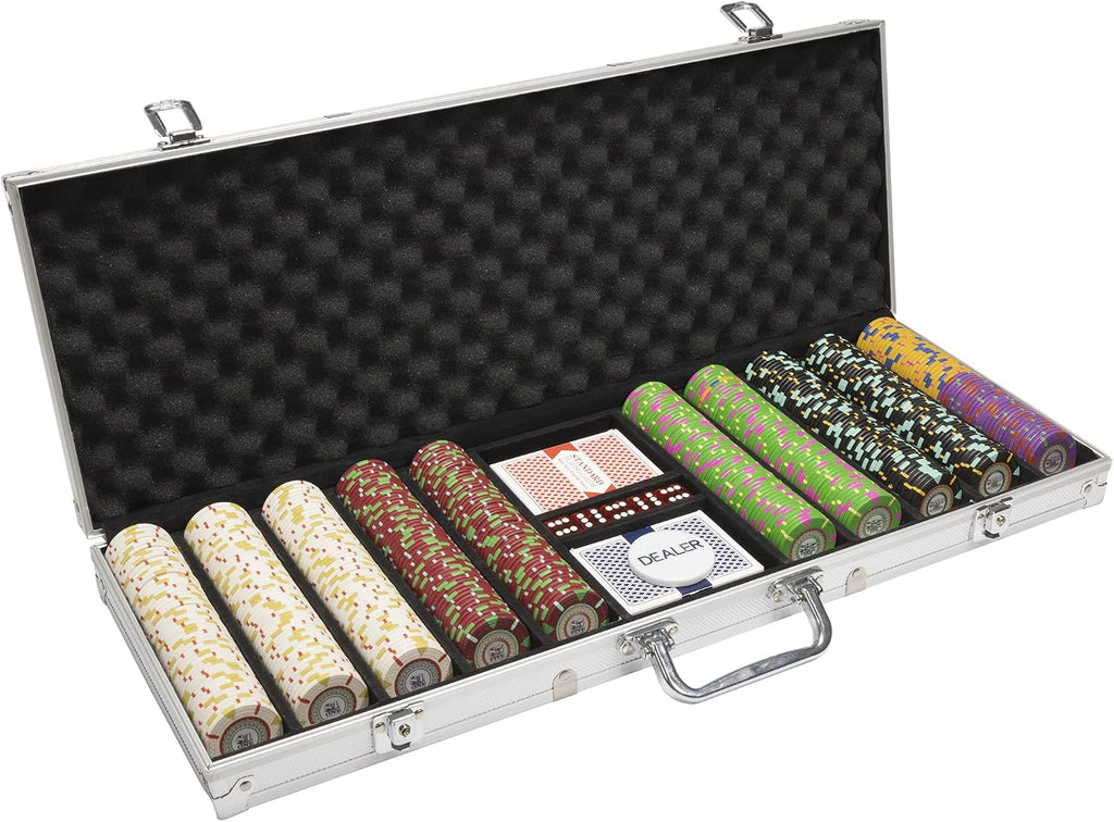 500 Count 'The Mint' Poker Chips in Aluminum Carrying Case, 13.5g Clay Composite Chips – Deluxe Set w/ 2 Playing Card Decks, Dealer Button, & 5 Dice by Claysmith Gaming