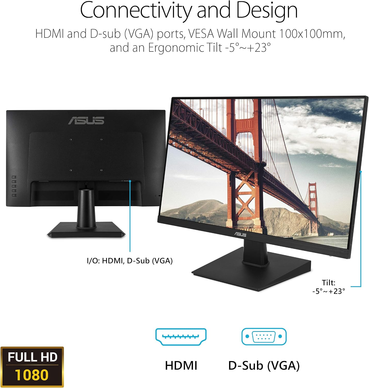 ASUS 27 Inch Desktop Monitor - Full HD (1920 x 1080), IPS, 75Hz, Adaptive-Sync, HDMI, D-Sub, Frameless - VA27EHE