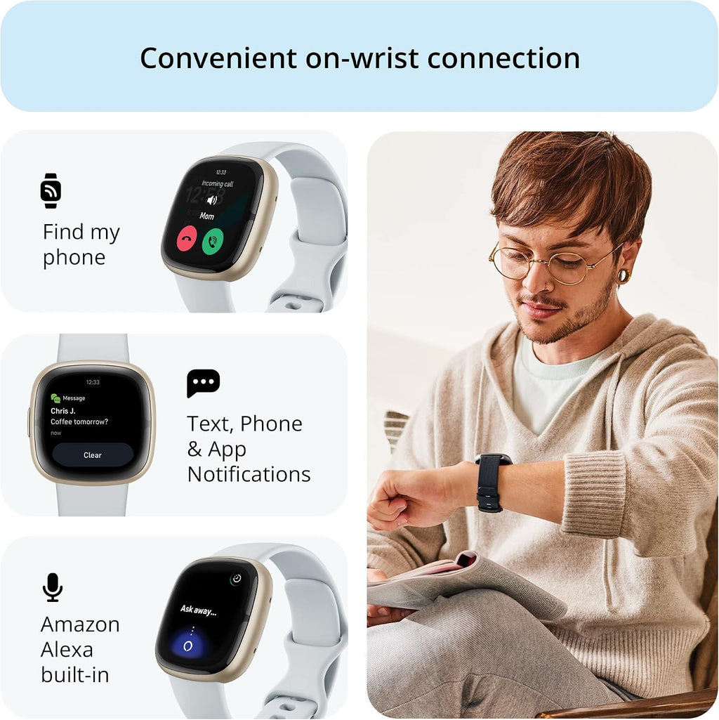 Fitbit Sense 2 Advanced Health and Fitness Smartwatch with Tools to Manage Stress and Sleep, ECG App, SpO2, 24/7 Heart Rate and GPS, Blue Mist/Pale Gold, One Size (S & L Bands Included)